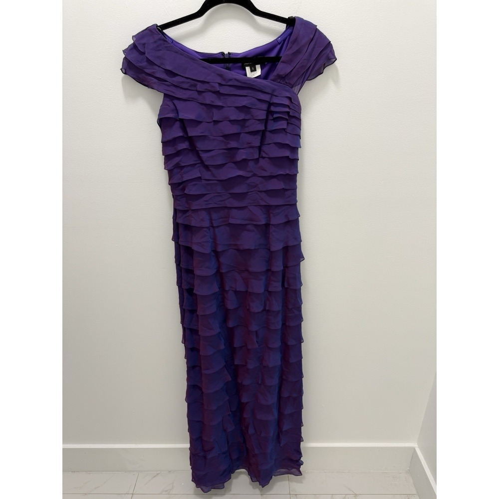 Tadashi Shoji Silk Purple Tiered Ruffle Gown Formal Evening Dress Size 6